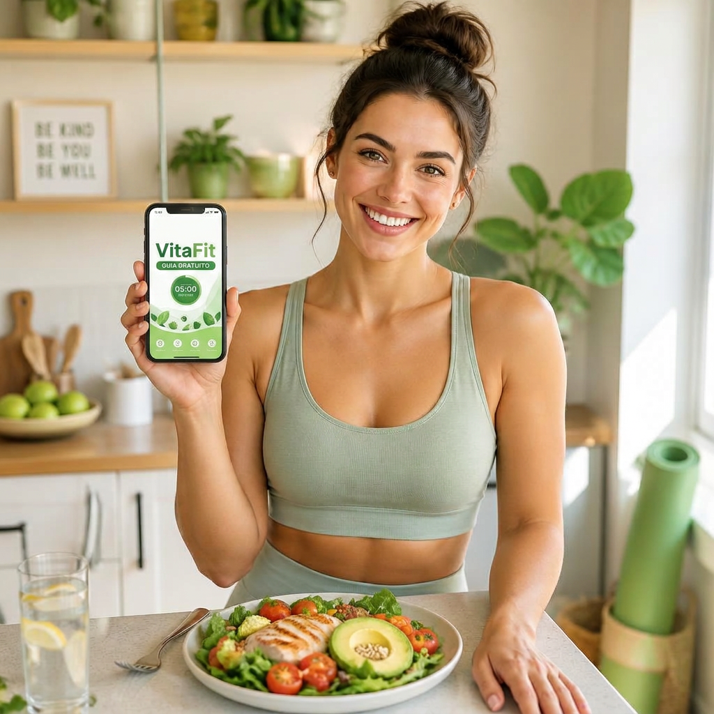 Mulher sorrindo em casa segurando o celular com o guia VitaFit e um prato saudável